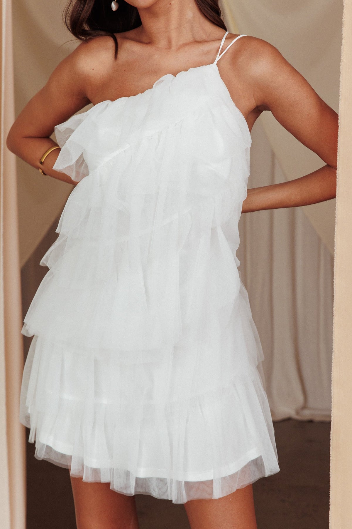Arrabel Tiered Ruffle Mesh Mini Dress White