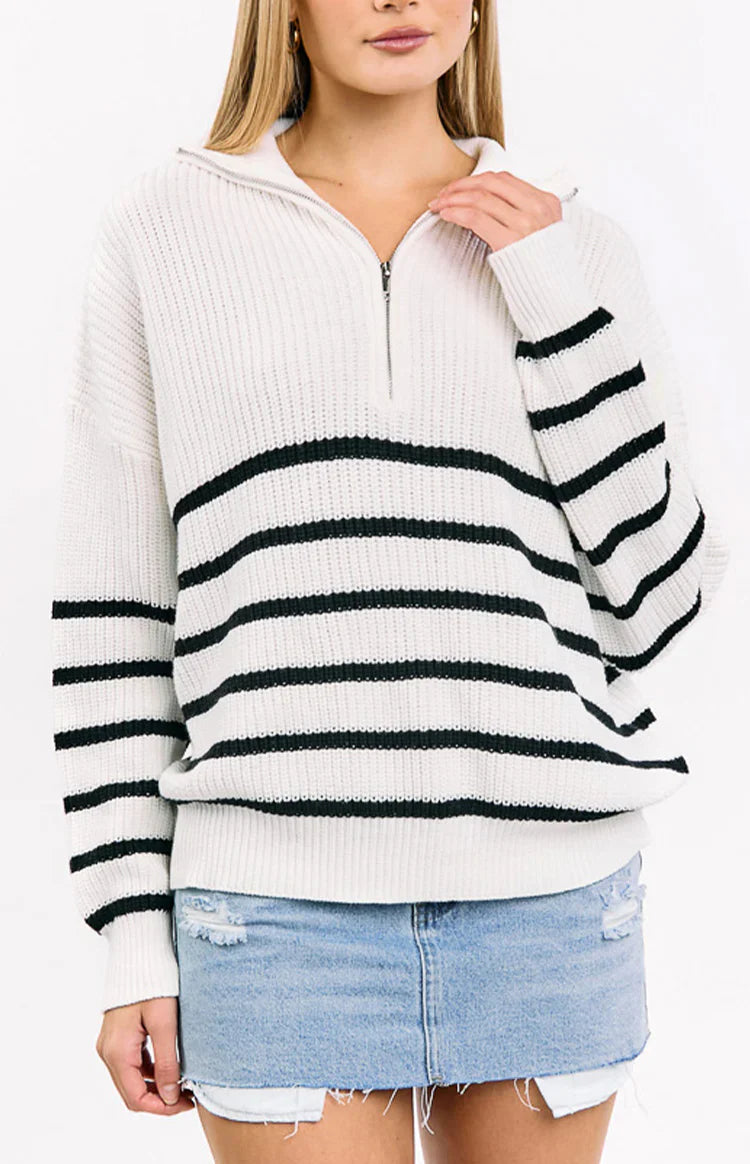 Copenhagen Cream Stripe Quarter Zip Knit Jumper
