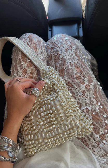 Dani White Sequin Lace Sheer Pants