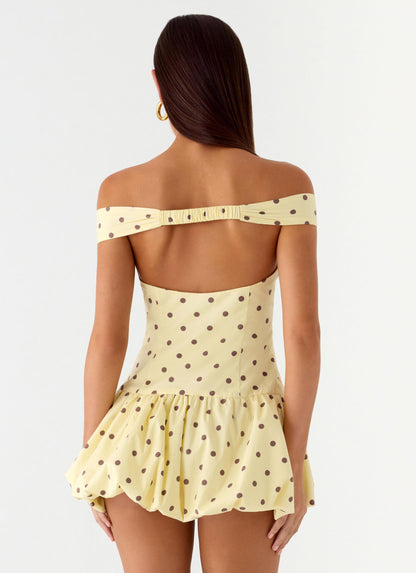 Endless Romance Off Shoulder Mini Dress - Yellow Polkadot