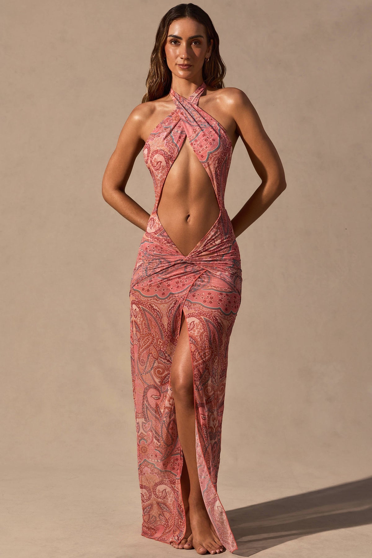 Cut-Out Halterneck Maxi Dress in Paisley Print
