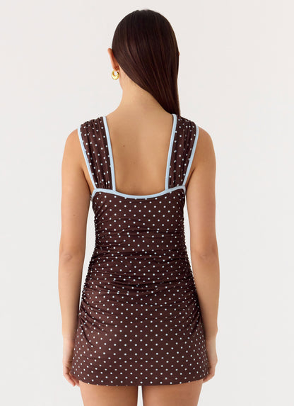 Options Mini Dress - Chocolate Blue Dot