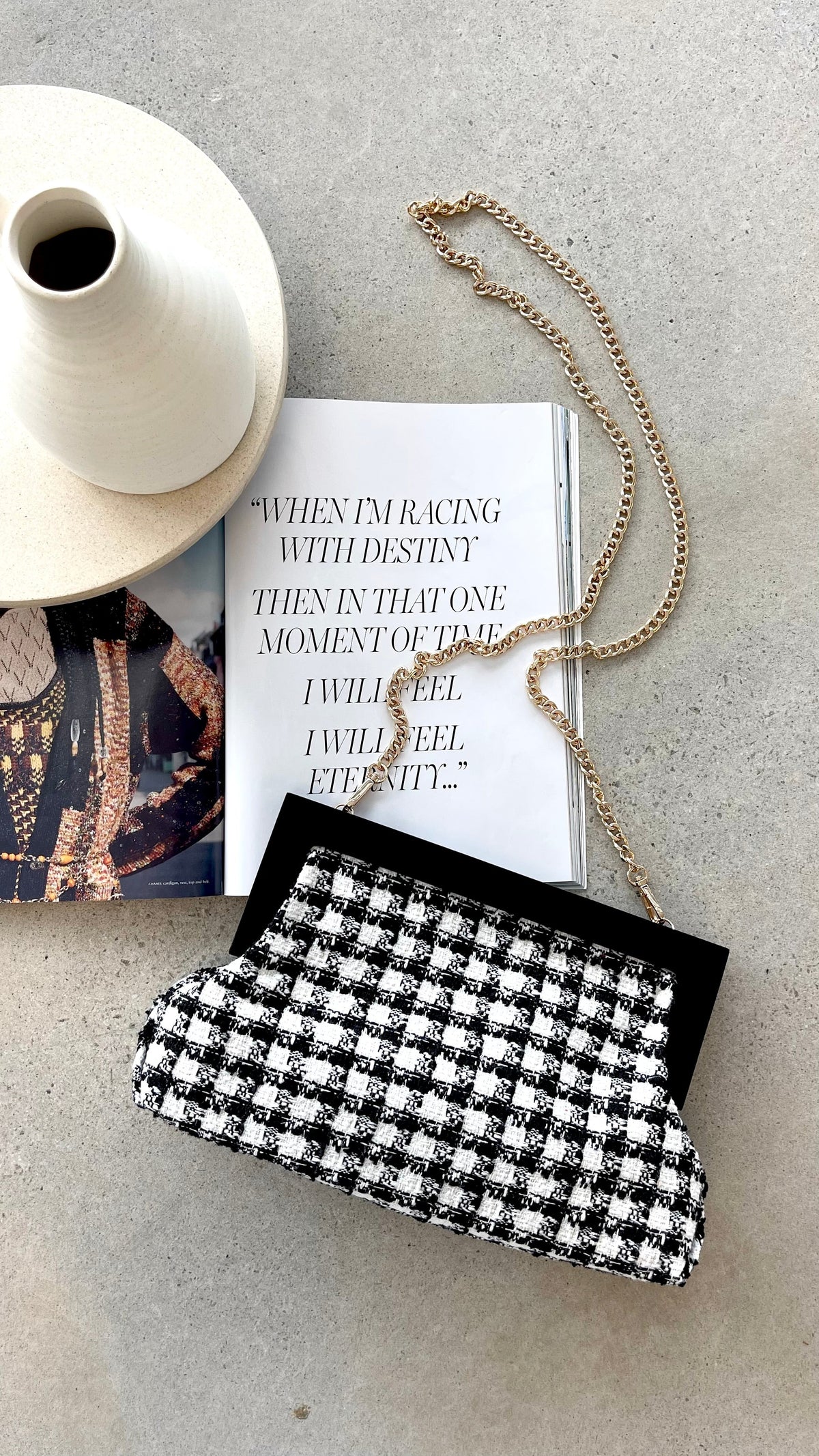 Zoey Boucle Timber Frame Clutch - Black/White