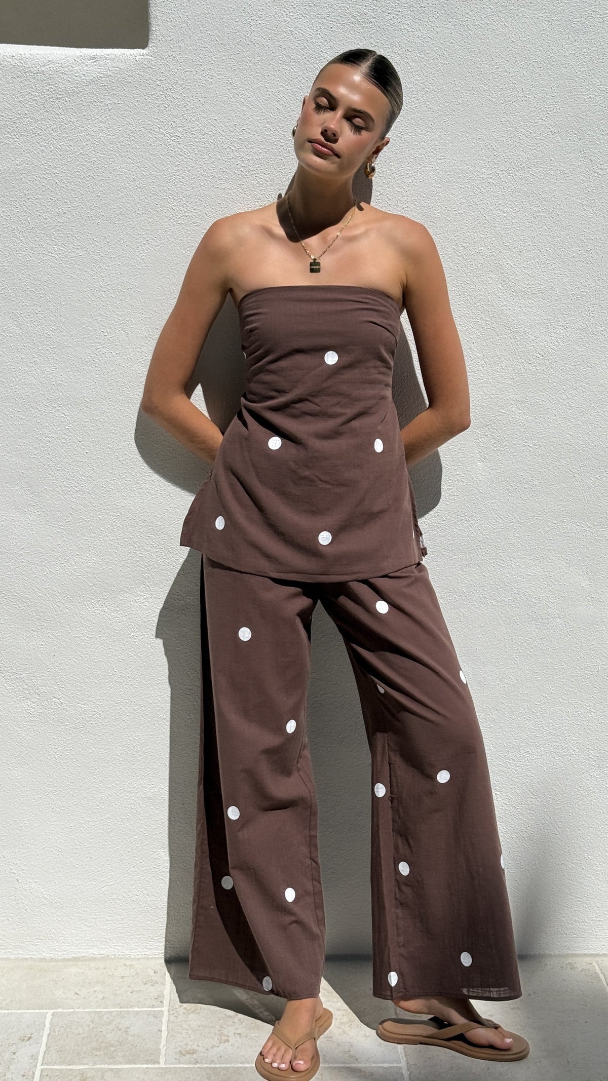 Kailani Strapless Top and Pants Set - Chocolate / White Polka Dot