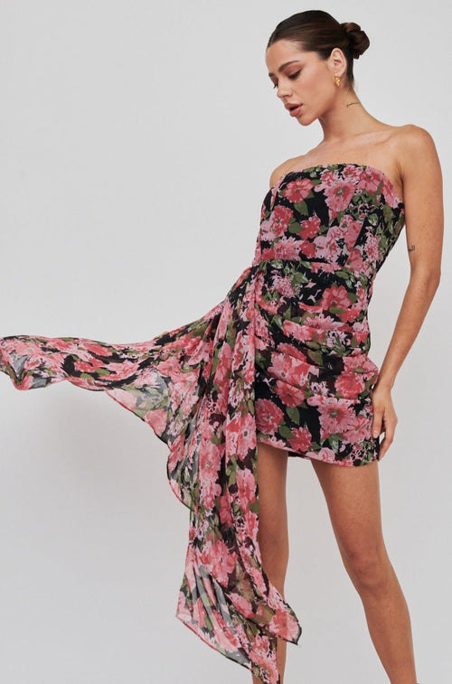 Midnight Sun Strapless Waist Sash Mini Dress Floral Black