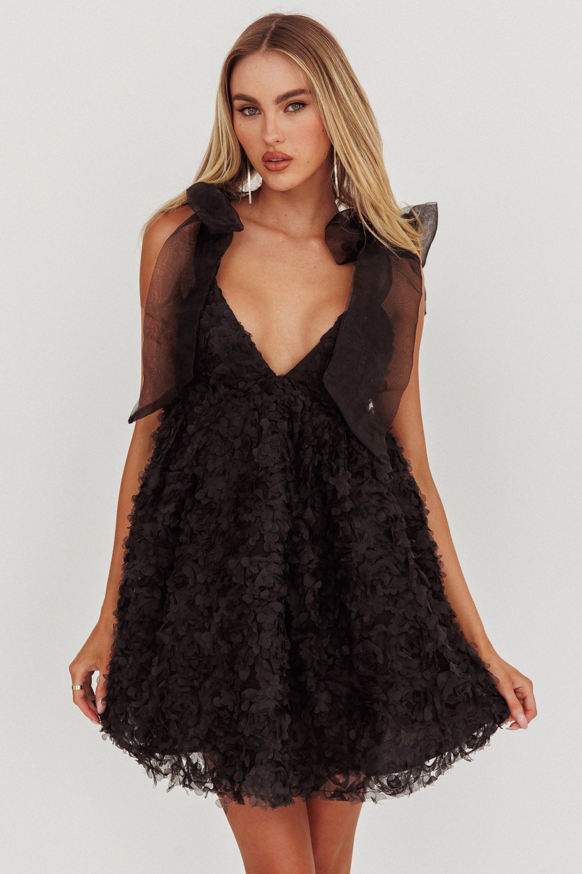 Lisette Tied Shoulder Embellished Mini Dress Black