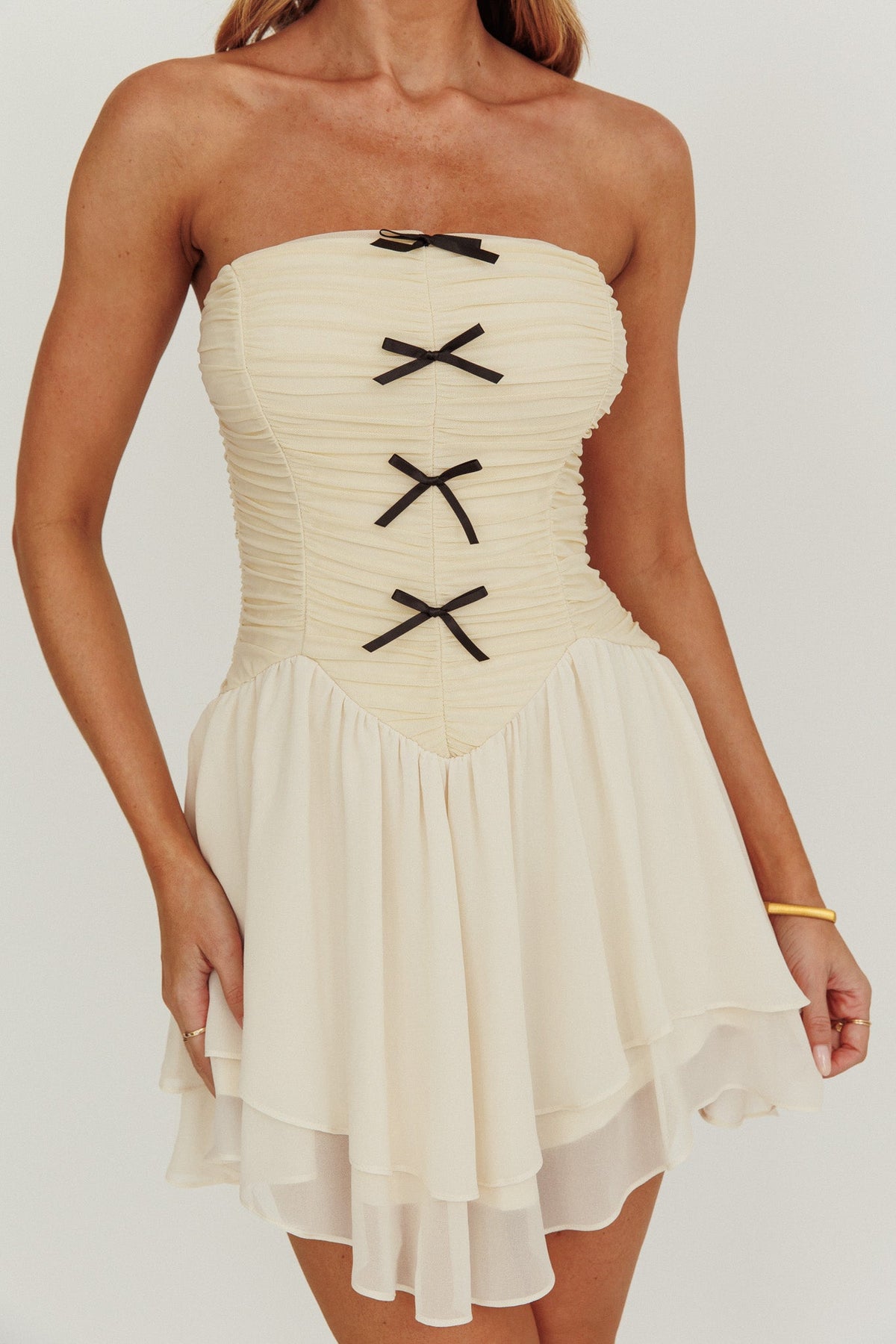 Cherry Lips Strapless Chiffon Mini Dress Cream