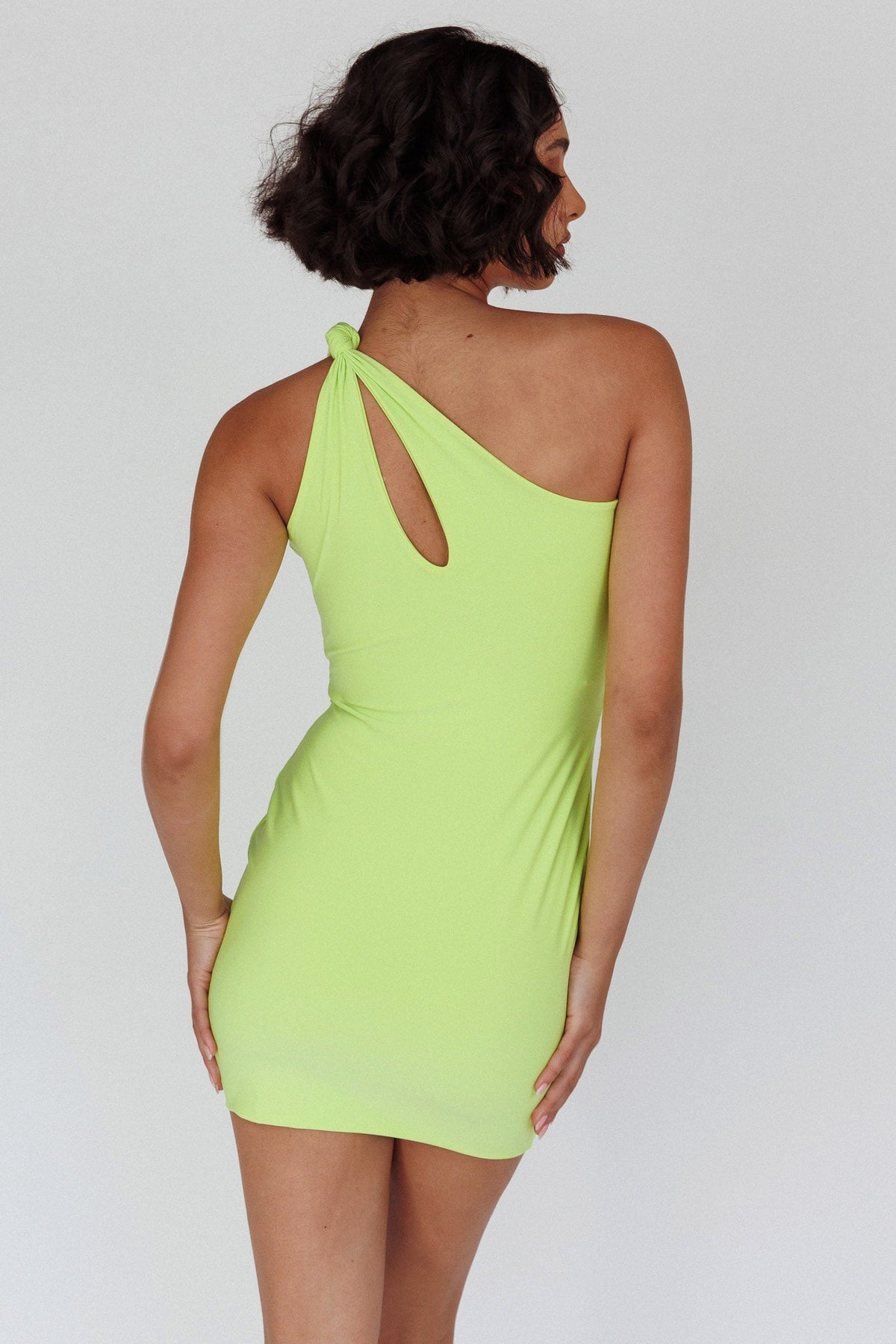 Malaga One-Shoulder Keyhole Mini Dress Lime