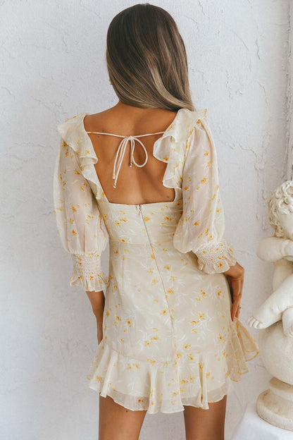 Desiree Sweetheart Neckline Shirred Cuff Frill Dress Floral Print Yellow