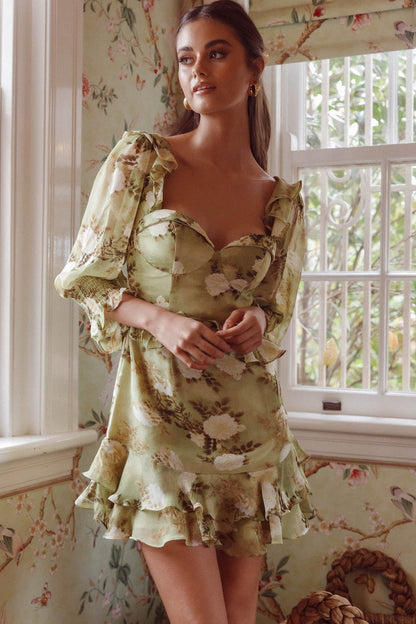Desiree 3/4 Sleeve Sweetheart Neckline Frill Dress Floral Green