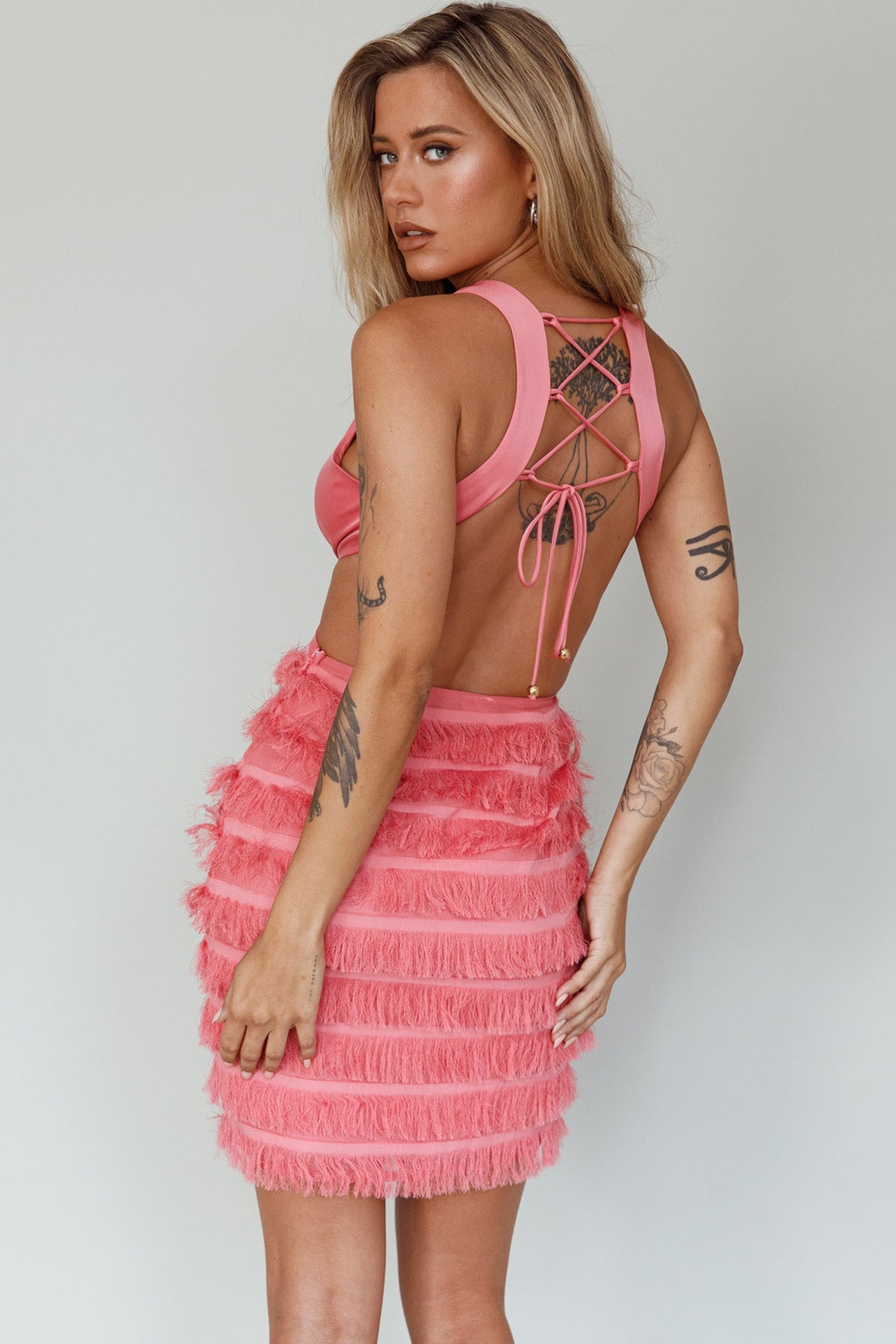 Jolie Fringing Detail Mini Dress Barbie Pink