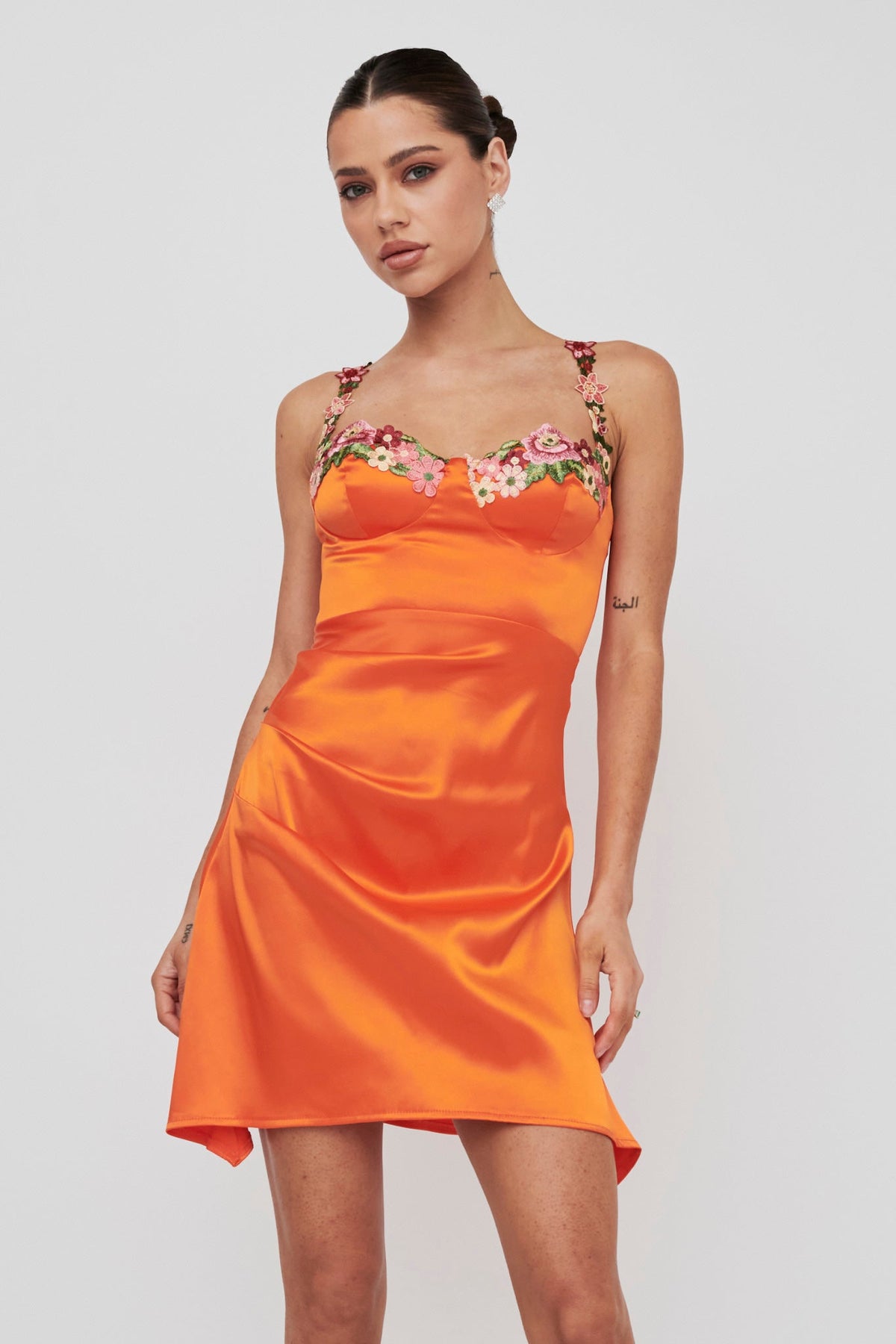 Rose Garden Floral Applique Pleat Mini Dress Orange