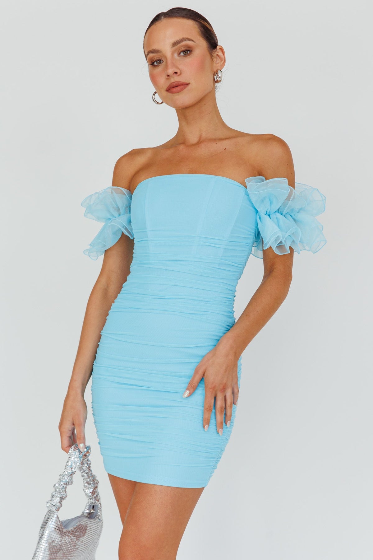Star Dust Off-Shoulder Frill Sleeve Mini Dress Baby Blue