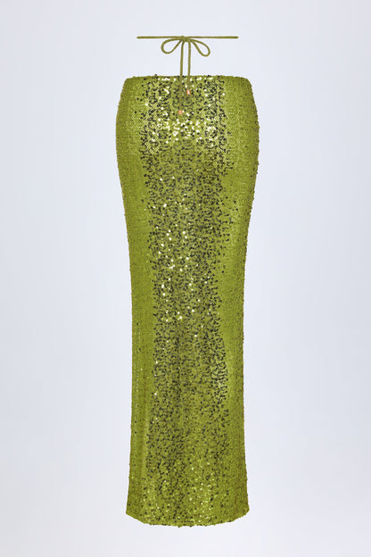 Embellished Hardware-Detail Strappy Maxi Skirt in Olive Green