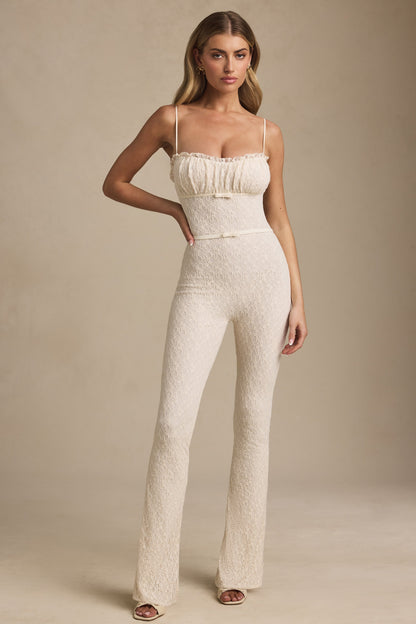 Bow-Detail Lace Flared Jumpsuit in Ivory
