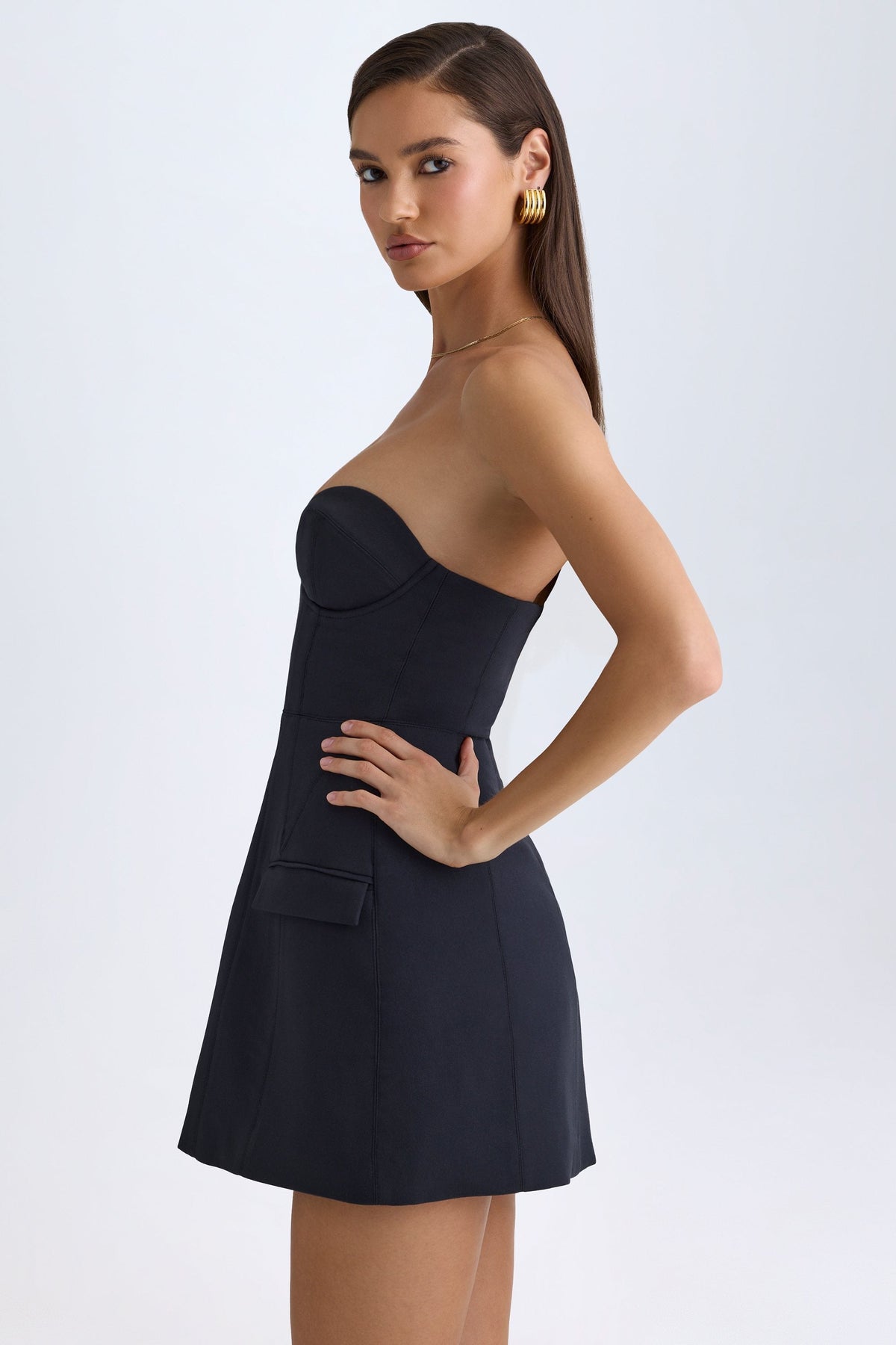 Strapless Structured Tulip Mini Dress in Black
