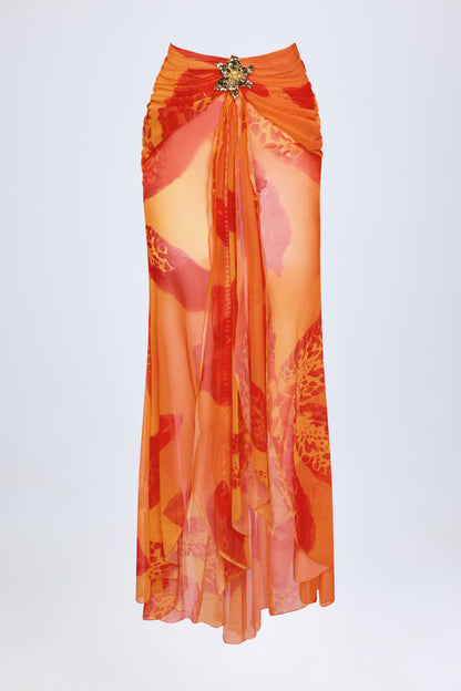 Ruched Hardware-Detail Fishtail Maxi Skirt in Orange Orchid Print