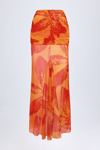Ruched Hardware-Detail Fishtail Maxi Skirt in Orange Orchid Print