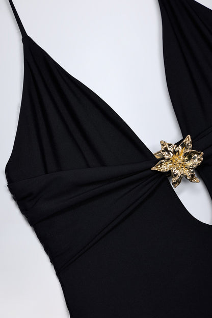Cut-Out Hardware-Detail Swimsuit in Black