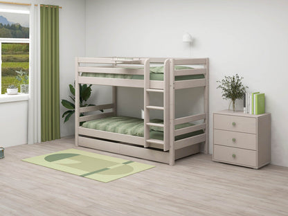FLEXA light wood bunk bed with green bedding, grey bedside table, dresser and rug in a child’s bedroom.