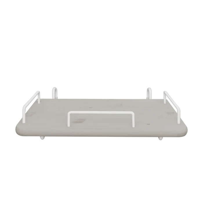 FLEXA bedside table, grey MDF with rounded edges, white metal handles; child-safe design for bedroom use.
