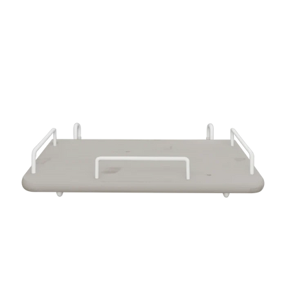 FLEXA bedside table, grey MDF with rounded edges, white metal handles; child-safe design for bedroom use.