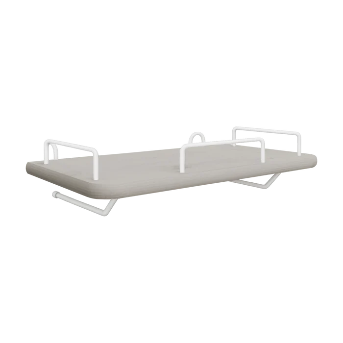 FLEXA bedside table from the GREY collection with grey MDF shelf, white metal hooks, and rounded edges for child safety.
