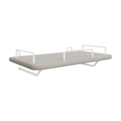 FLEXA bedside table from the GREY collection with grey MDF shelf, white metal hooks, and rounded edges for child safety.