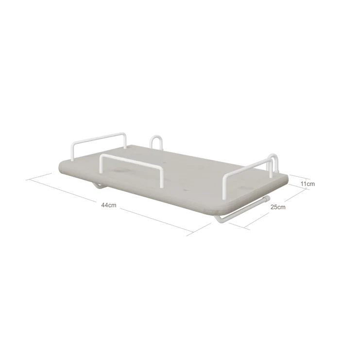FLEXA bedside tray, grey MDF, white metal handles, hangs by bed; child-safe with smooth edges for kids’ rooms.