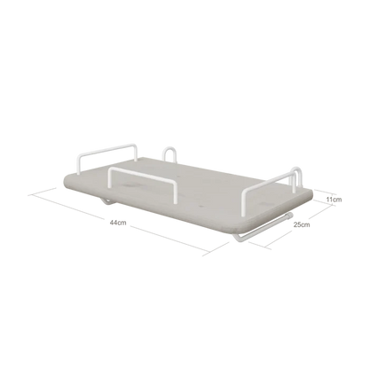 FLEXA bedside tray, grey MDF, white metal handles, hangs by bed; child-safe with smooth edges for kids’ rooms.