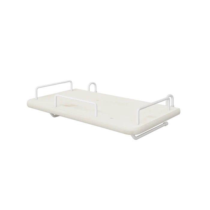 FLEXA bedside table from WHITE collection, light wood MDF with white metal brackets, mounts safely beside a bed.