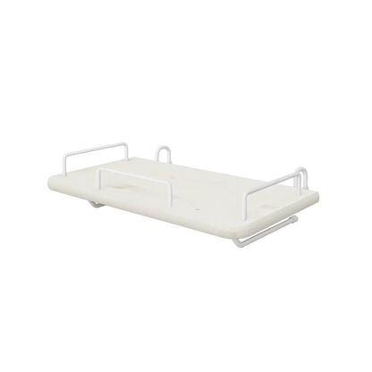 FLEXA bedside table from WHITE collection, light wood MDF with white metal brackets, mounts safely beside a bed.