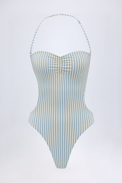 Cut-Out Halterneck Swimsuit in Teal Double Stripe