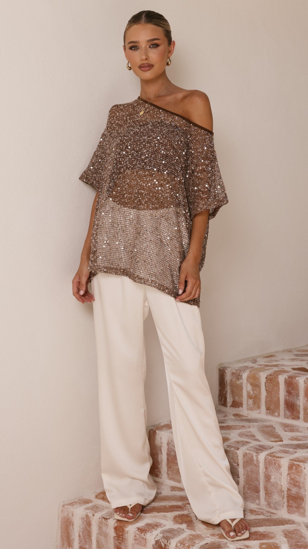 Zinnie Sequins Off Shoulder Top - Mocha