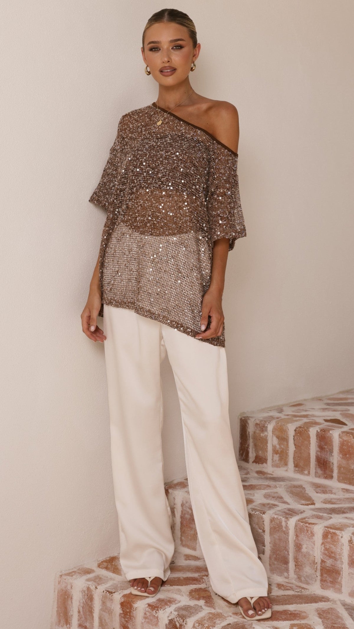 Zinnie Sequins Off Shoulder Top - Mocha