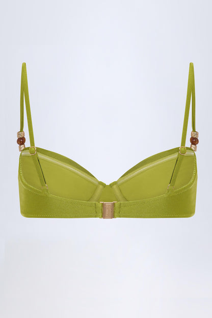 Bead-Embellished Ruched Underwired Bikini Top in Olive Green