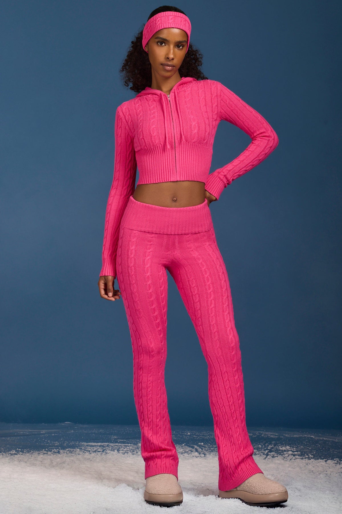 Cable Knit Foldover Flared Trousers in Hot Pink
