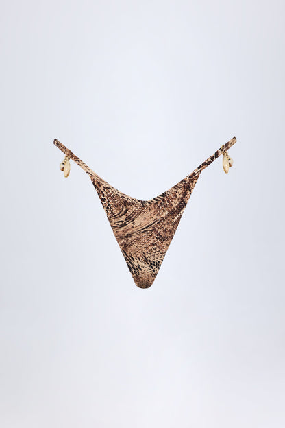 Charm-Detail Thong Bikini Bottoms in Snake Print