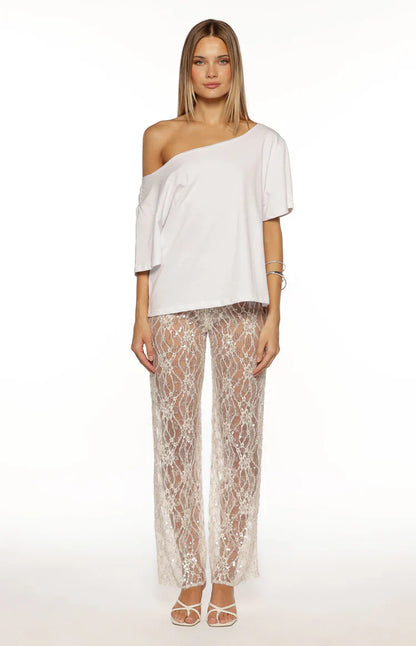 Dani White Sequin Lace Sheer Pants