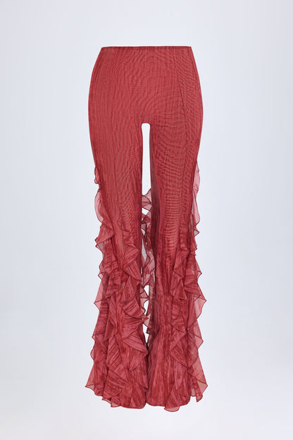 Ruffled Mid-Rise Flared Trousers in Red Print