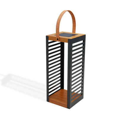 Solar lantern with wooden top and slatted design on a white background