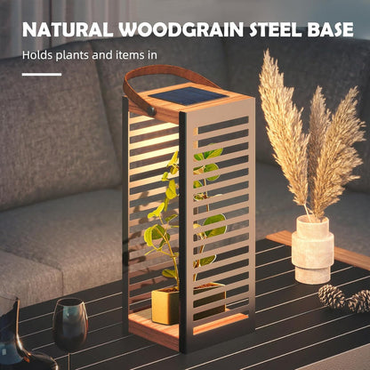 Decorative plant stand with natural woodgrain design on a table with plants and a glass.