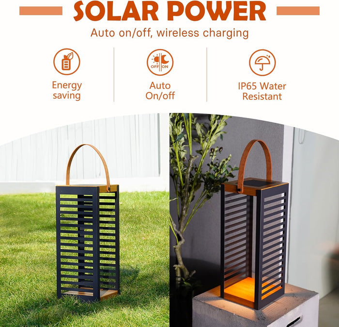 Solar-powered outdoor lantern with features listed on a white background
