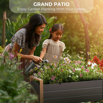 Woman and child gardening together with flowers in a raised bed on a patio.