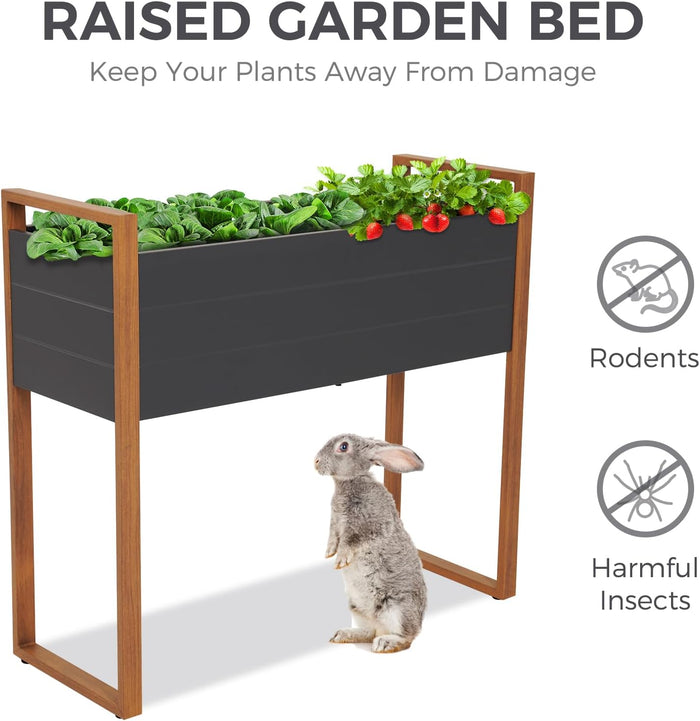 Raised garden bed with plants, rabbit, and pest control icons on a white background