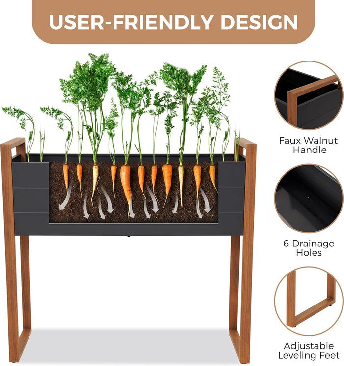 Wooden planter with carrots and plants, highlighting features like a faux walnut handle and drainage holes.