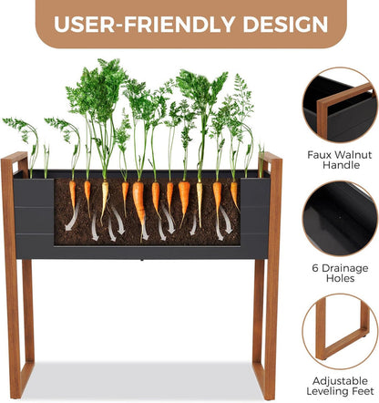 Wooden planter with carrots and plants, highlighting features like a faux walnut handle and drainage holes.