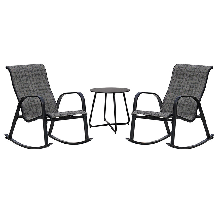 Two rocking chairs with a small table on a white background