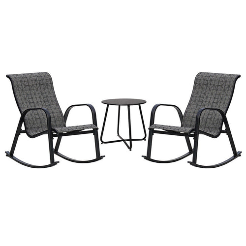 Two rocking chairs with a small table on a white background