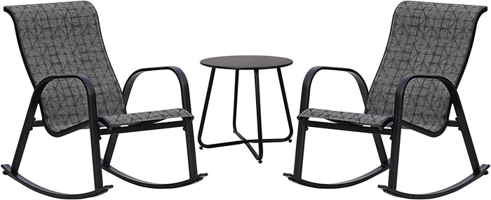 Two rocking chairs with a small round table on a white background